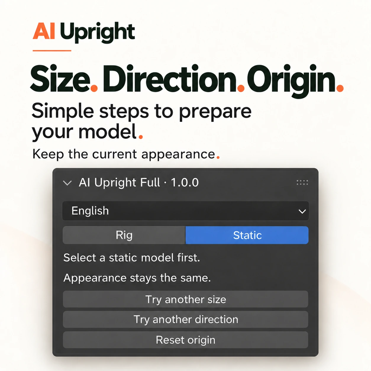 AIUpright panel in Static mode with the size, direction and origin buttons.