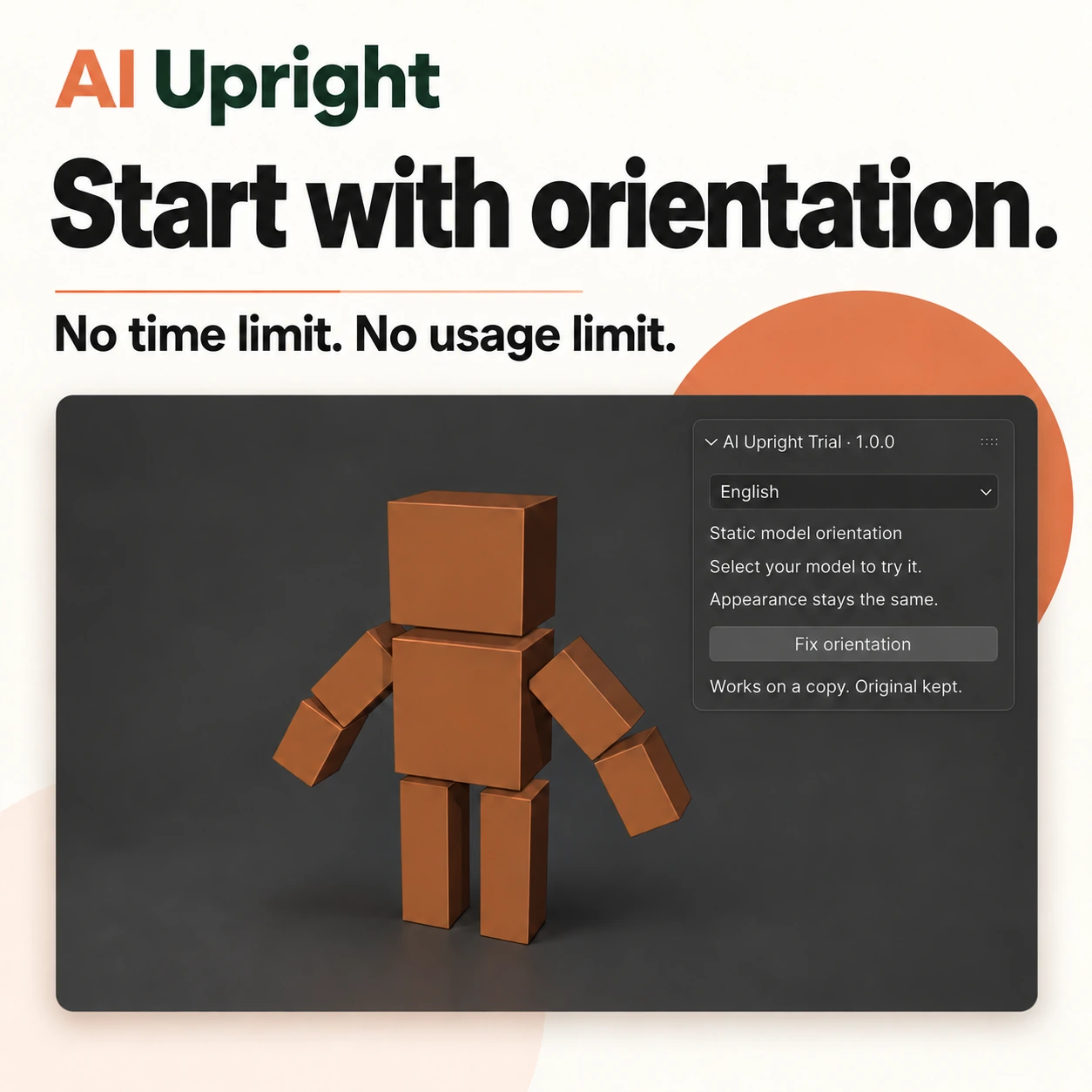 AIUpright Trial panel with the Fix orientation button and no usage limits.